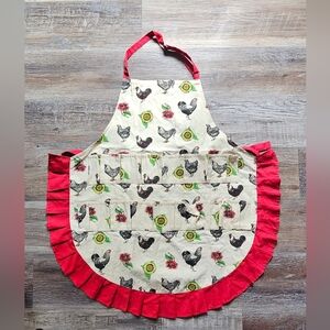 Charming Egg Collecting Rooster Print Apron with Red Trim